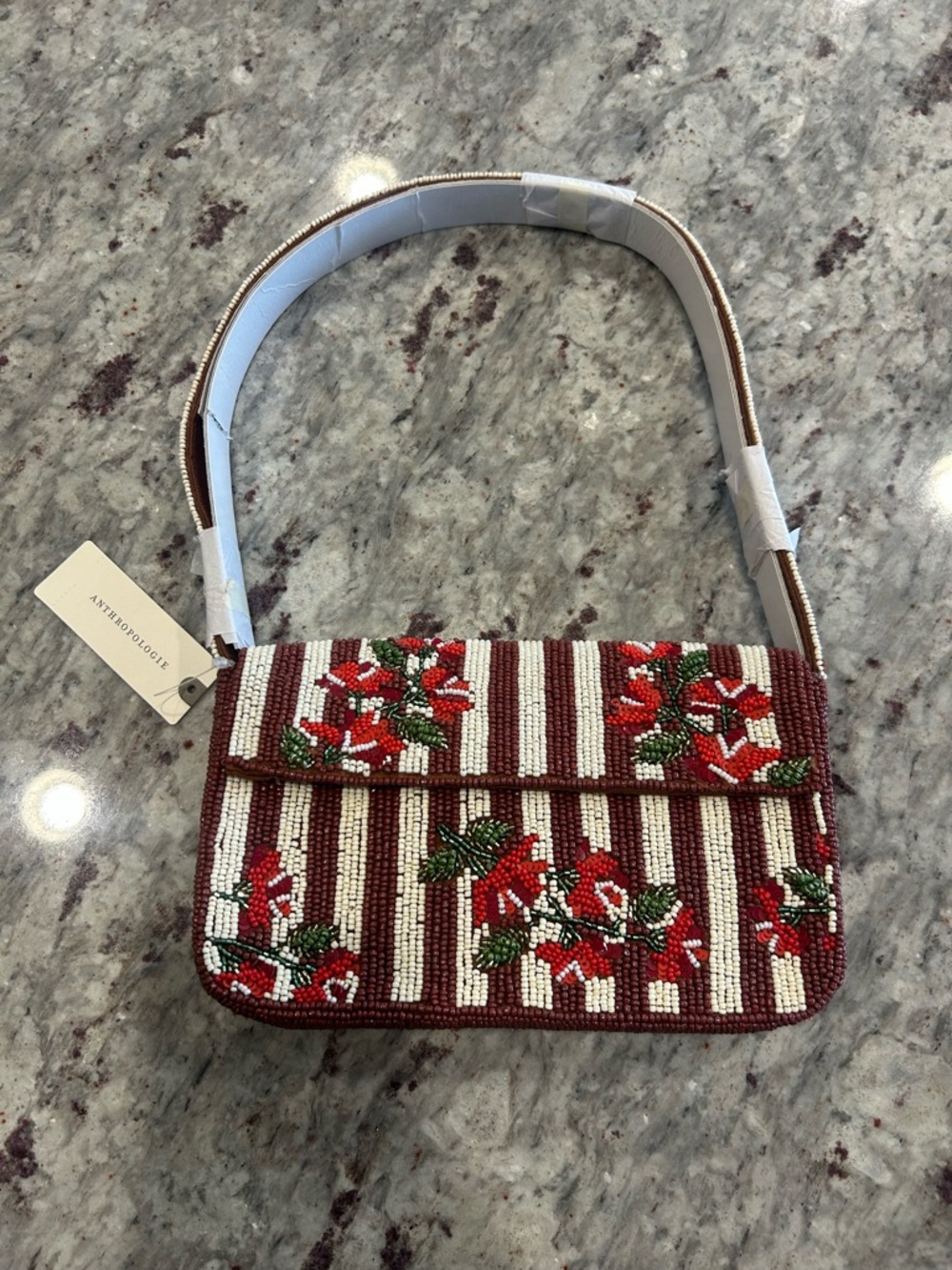 Anthropologie Holiday Red Berry Striped Beaded Floral Shoulder Bag
